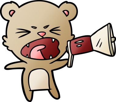 Kızgın çizgi film ayısı bir insan tarafından çizilmiş megafona bağırıyor.