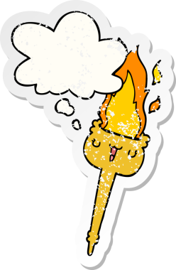 Düşünce baloncuklu yanan çizgi film meşalesi insan tarafından çizilmiş yıpranmış bir çıkartma gibi.