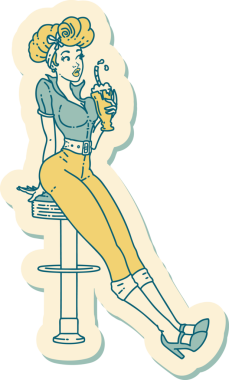 Bir insan tarafından çizilmiş milkshake 'i içen bir kızın geleneksel stiliyle dövme çıkartması.