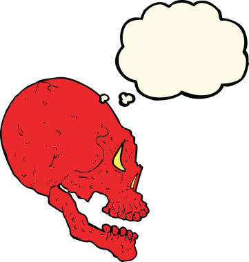 Bir insan tarafından çizilmiş düşünce baloncuklu kırmızı kafatası çizimi