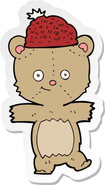 Bir insan tarafından çizilmiş şapkalı çizgi film ayısının çıkartması.