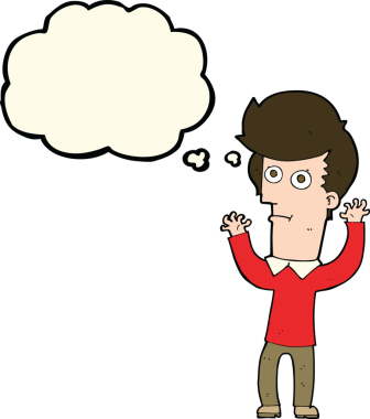 Bir insan tarafından çizilen düşünce baloncuğuyla şok olmuş bir adam.