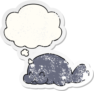 Düşünce baloncuklu şirin karikatür mührü bir insan tarafından çizilmiş yıpranmış bir çıkartma gibi.