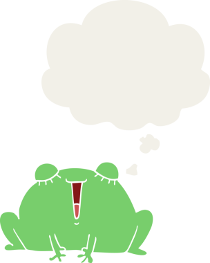 Düşünce baloncuğu insan tarafından çizilmiş sevimli çizgi film kurbağası.