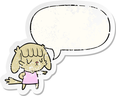 Çizgi filmdeki köpek kız konuşma balonunu işaret ediyor. Bir insan tarafından çizilmiş sıkıntılı eski bir çıkartma.