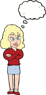 Bir insan tarafından çizilmiş düşünce balonlu çapraz kollu çizgi film kadını.