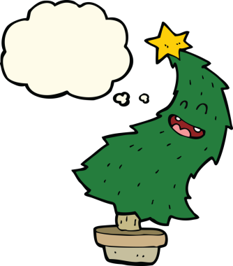 Bir insan tarafından çizilmiş düşünce baloncuğuyla dans eden çizgi film noel ağacı.