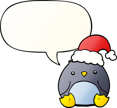 Bir insan tarafından çizilmiş, hoş bir penguen çizgi filmi, konuşma baloncuklu Noel şapkası takıyor.