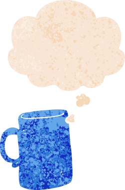 Düşünce baloncuklu çizgi film kupası grunge sıkıntılı retro dokuma tarzı bir insan tarafından çizilmiş