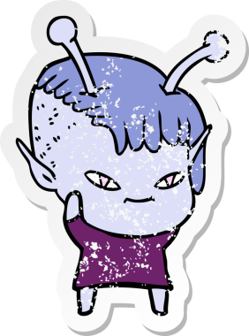 Bir insan tarafından çizilmiş sevimli uzaylı bir kızın sıkıntılı çıkartması.