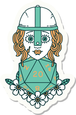 İnsan dövüşçüsünün çıkartması. Bir insan tarafından çizilmiş 20 D20 zarlı.