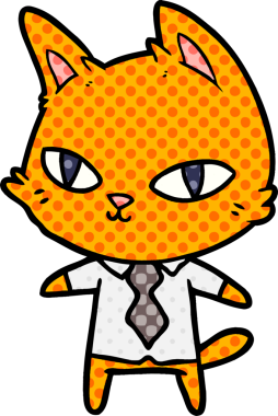 Bir insan tarafından çizilmiş ofis kıyafetleri içindeki çizgi film kedisi.