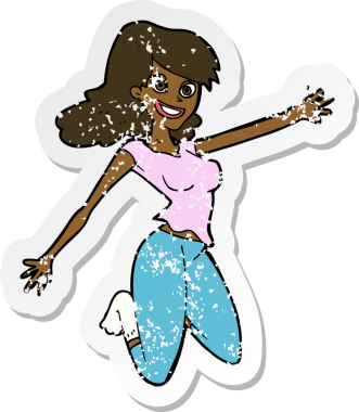 Bir insan tarafından çizilen çizgi film atlayan bir kadının gerilimli çıkartması.