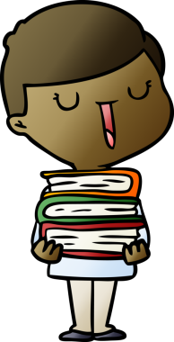 Bir insan tarafından çizilmiş kitap yığınıyla mutlu bir çocuk.