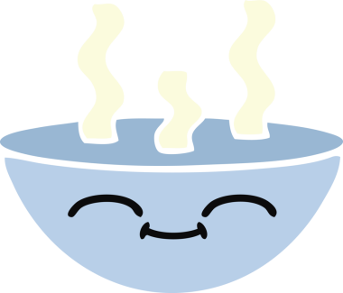 Bir insan tarafından çizilmiş sıcak çorba kasesinin düz renkli retro karikatürü