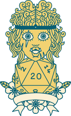 Retro Dövme Biçimi Yarı Ork Barbar Karakteri Bir insan tarafından çizilmiş doğal 20 zar