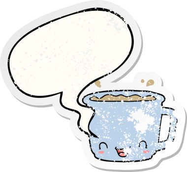 Bir insan tarafından çizilmiş, sıkıntılı, eski bir çıkartma, konuşma balonlu bir kahve fincanı.