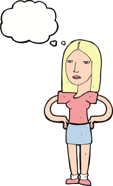 Bir insan tarafından çizilmiş düşünce baloncuğu olan elleri kalçasında çizgi film kadını.
