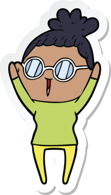 Bir insan tarafından çizilmiş gözlüklü bir karikatür kadının çıkartması.