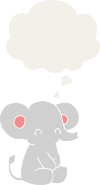 Bir insan tarafından çizilmiş düşünce baloncuğu olan sevimli bir çizgi film fili.