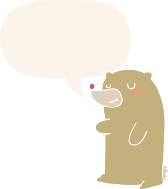 Bir insan tarafından çizilmiş konuşma baloncuğu olan sevimli çizgi film ayısı.