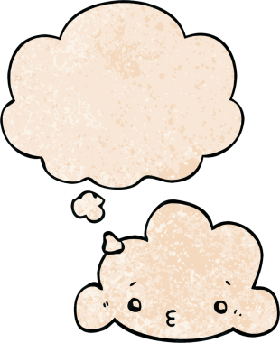 Bir insan tarafından çizilmiş grunge doku tarzında düşünce baloncuğu olan sevimli çizgi film bulutu.