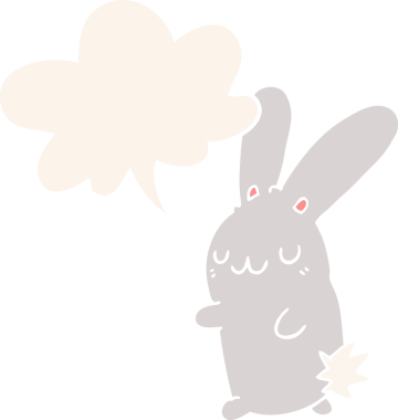 Konuşma baloncuğu olan sevimli çizgi film tavşanı insan tarafından çizilmiş.