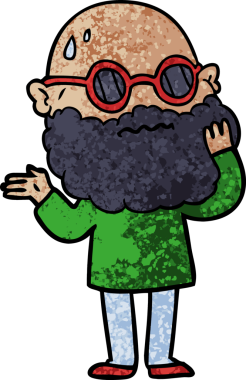 Bir insan tarafından çizilmiş sakallı ve güneş gözlüklü endişeli bir adam.