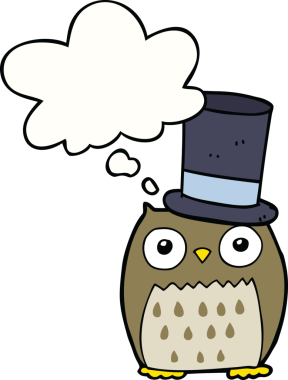 Bir insan tarafından çizilmiş düşünce baloncuklu silindir şapka giyen bir baykuş.