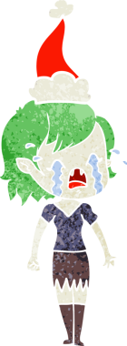 Ağlayan vampir bir kızın insan tarafından çizilmiş Noel Baba şapkası giydiği el çizimi bir çizgi film.