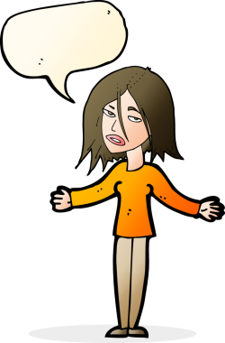 Bir insan tarafından çizilmiş konuşma baloncuğuyla omuz silken çizgi film kadını.