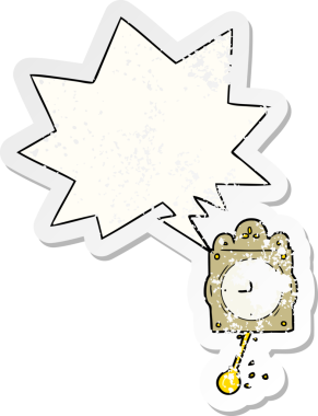 Konuşma baloncuklu karikatür tik-tak saati bir insan tarafından çizilmiş sıkıntılı eski bir çıkartma