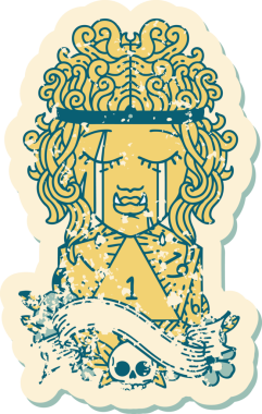 Retro Dövme Tarzı Ağlayan Ork barbar karakter yüzü ve bir insan tarafından çizilmiş doğal bir D20 rulo