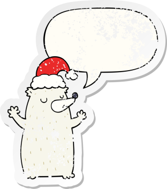 Güzel bir çizgi film Noel ayısı. Konuşma baloncuğu, bir insan tarafından çizilmiş sıkıntılı eski bir çıkartma.