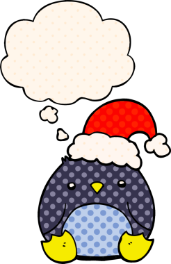 Bir insan tarafından çizilmiş çizgi roman şeklinde düşünce baloncuklu Noel şapkası takan sevimli penguen.
