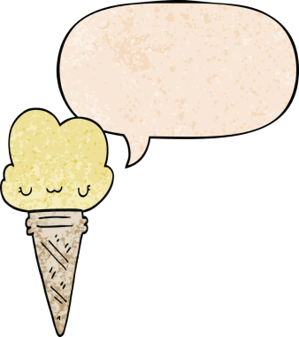 Bir insan tarafından çizilmiş, yüz ifadeli, retro desenli dondurma.