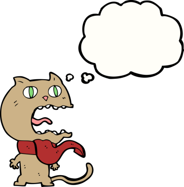 Bir insan tarafından çizilmiş düşünce balonlu korkmuş kedi çizgi filmi.