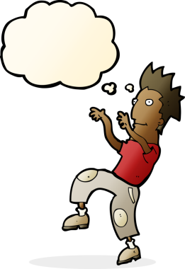 çizgi film mutlu adam bir insan tarafından çizilmiş düşünce baloncuğuyla komik dans yapıyor