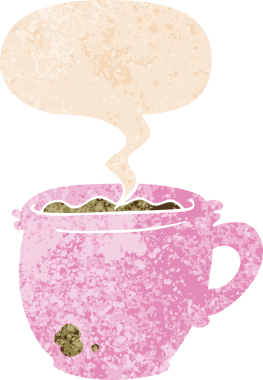 Bir insan tarafından çizilmiş, grunge 'de konuşma baloncuğu olan sıcak bir fincan çizgi film kahvesi.