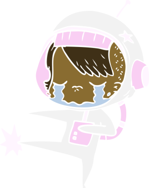 Düz renkli çizgi film ağlayan astronot kız bir insan tarafından çizilmiş.