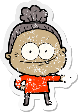 Bir insan tarafından çizilmiş mutlu, yaşlı bir kadının sıkıntılı çıkartması.