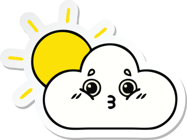 Bir insan tarafından çizilmiş şirin bir karikatür güneş ve bulut çıkartması.