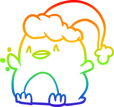 Gökkuşağı gradyan çizgisi bir insan tarafından çizilmiş noel şapkası giyen bir penguen çizimi