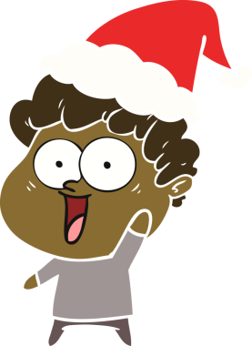 Bir insan tarafından çizilmiş Noel Baba şapkası takan mutlu bir adamın düz renkli çizimi.