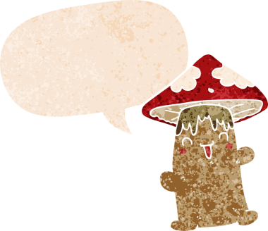 bir insan tarafından çizilmiş grunge sıkıntılı retro desenli konuşma baloncuklu mantar karakteri
