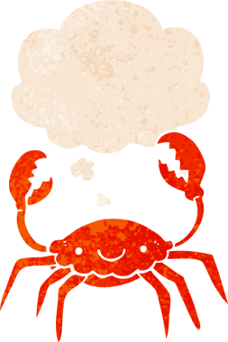 Düşünce baloncuklu çizgi film yengeci grunge dertli retro desenli bir insan tarafından çizilmiş