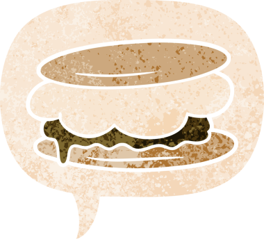 Grunge 'da konuşma baloncuğu olan smore çizgi filmi bir insan tarafından çizilmiş sıkıntılı retro dokuma tarzı