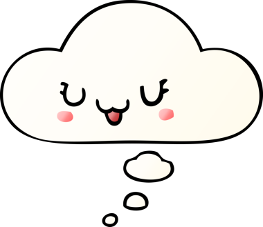 Bir insan tarafından çizilmiş yumuşak eğimli düşünce baloncuğu ile sevimli mutlu çizgi film yüzü