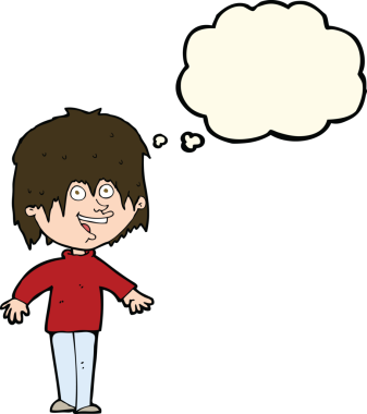 Bir insan tarafından çizilmiş düşünce baloncuğu ile heyecanlı bir adam.