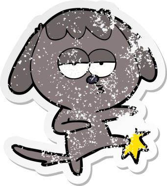 Sıkılmış bir çizgi film çıkartması. Sıkılmış bir köpek bir insan tarafından çizilmiş bacağı.